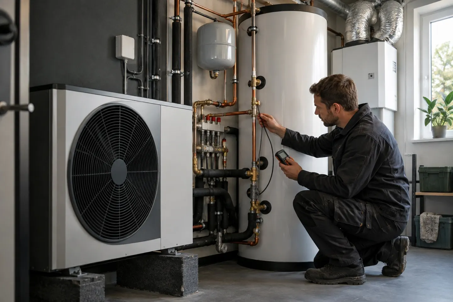 Installateur controleert leidingen bij een warmtepomp in een technische ruimte.