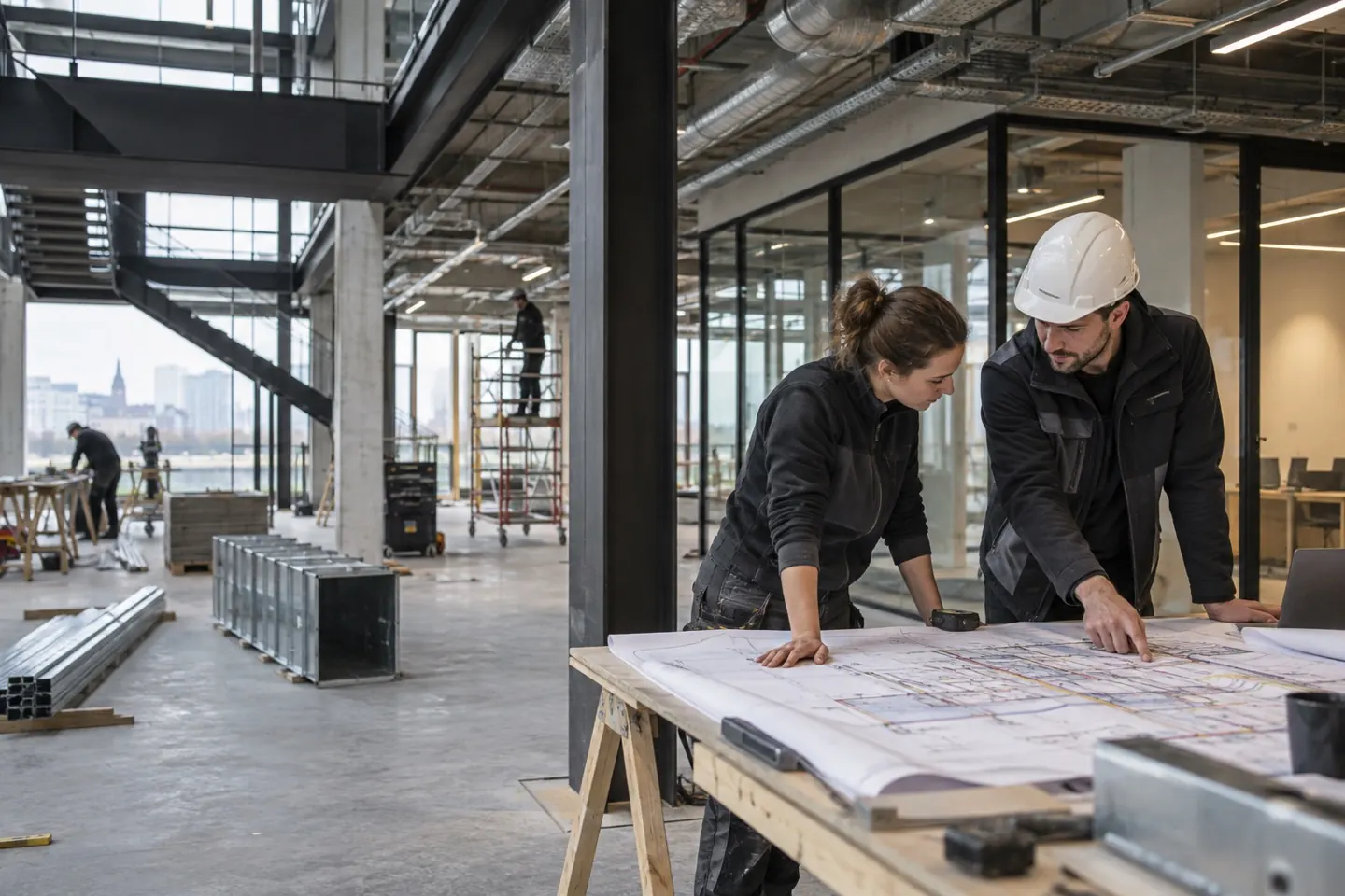 Twee projectcollega’s bespreken een bouwtekening op locatie.